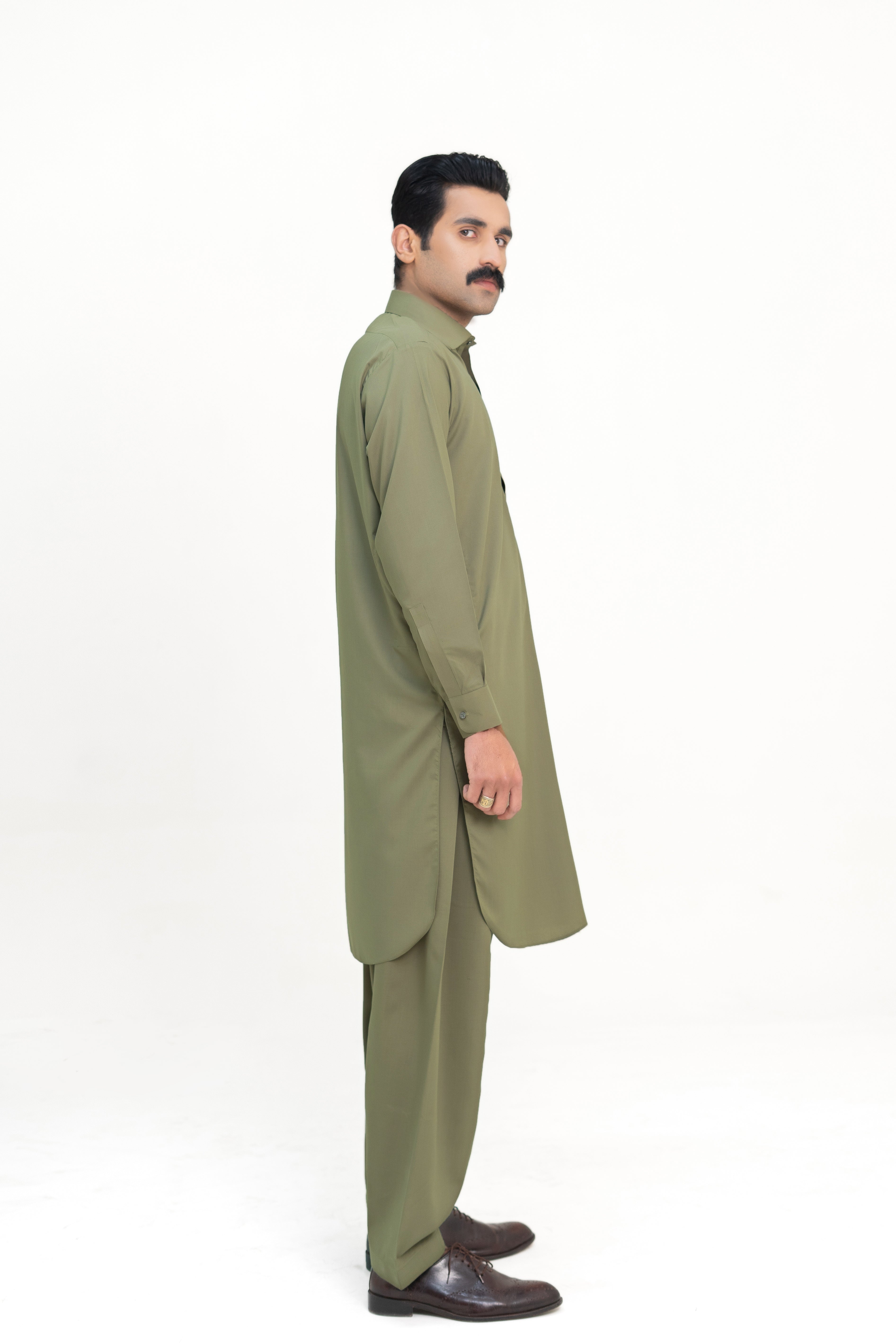 Zaitoon - Olive Green Shalwar Kameez (Collar Style)